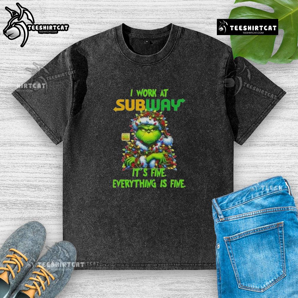 Funny Grinch Christmas Tree design on a washed t-shirt, captioned 'It's fine, everything is fine' for holiday spirit.