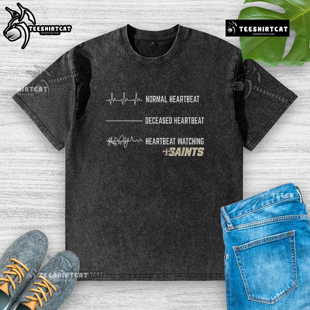 Alt Text: Funny Heartbeat design on a washed t-shirt for New Orleans Saints fans, showcasing team spirit and humor.