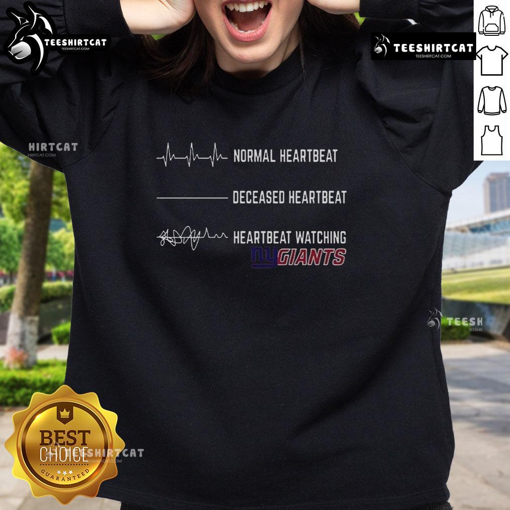 Funny heartbeat design on a New York Giants sweatshirt, perfect for fans showcasing team spirit and humor.