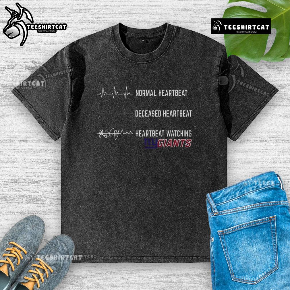 Funny heartbeat design on a New York Giants washed t-shirt, perfect for fans showcasing team spirit and humor.
