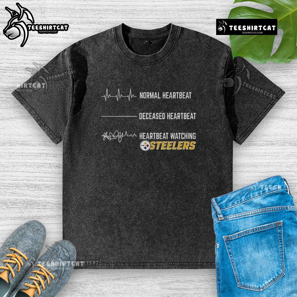 Alt Text: Funny heartbeat design on a washed Pittsburgh Steelers t-shirt, perfect for fans showcasing team spirit.
