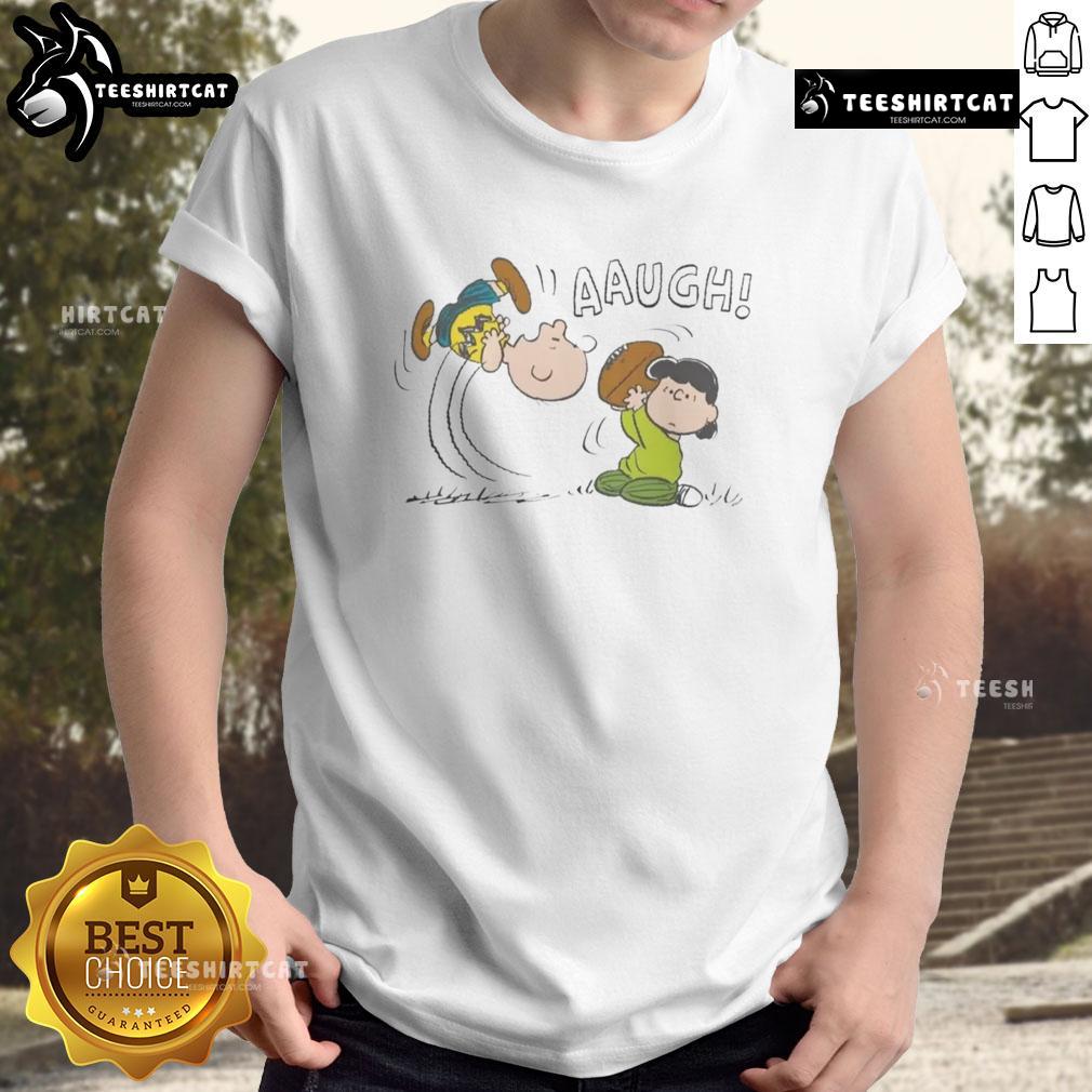 Funny Peanuts Lucy Van Pelt Aaugh T-Shirt featuring Lucy in a comedic pose with her iconic expression.