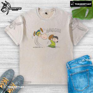 Funny Peanuts Lucy van Pelt Aaugh graphic on a washed t-shirt, showcasing her iconic expression and vibrant colors.