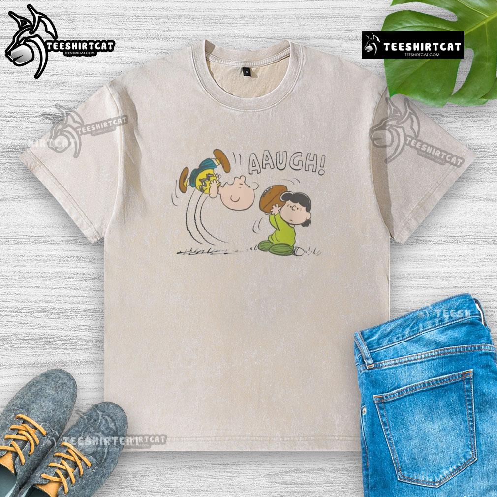 Funny Peanuts Lucy van Pelt Aaugh graphic on a washed t-shirt, showcasing her iconic expression and vibrant colors.
