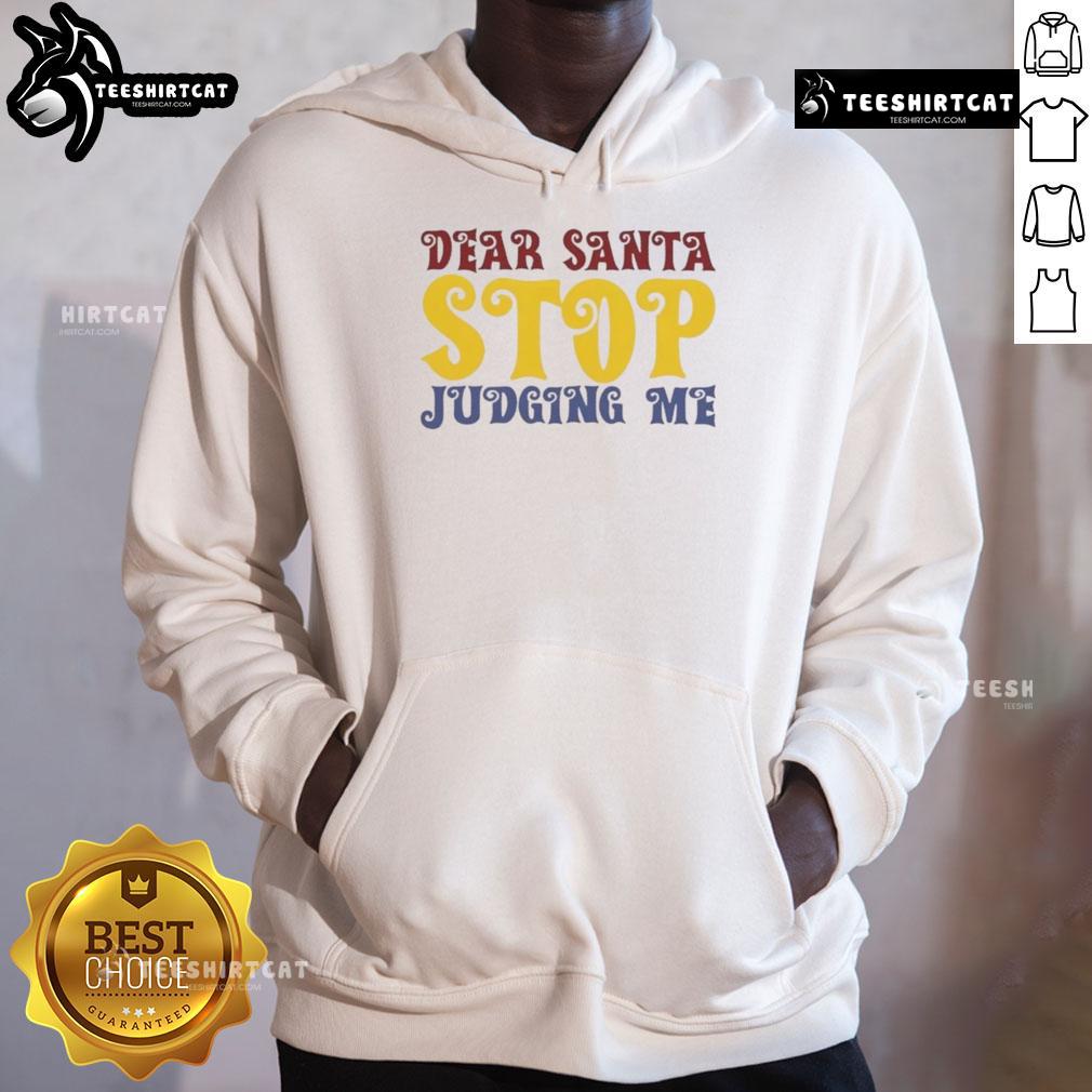 Alt Text: Cozy 'Good Dear Santa Stop Judging Me Hoodie' in festive red, perfect for holiday gatherings and Christmas cheer.