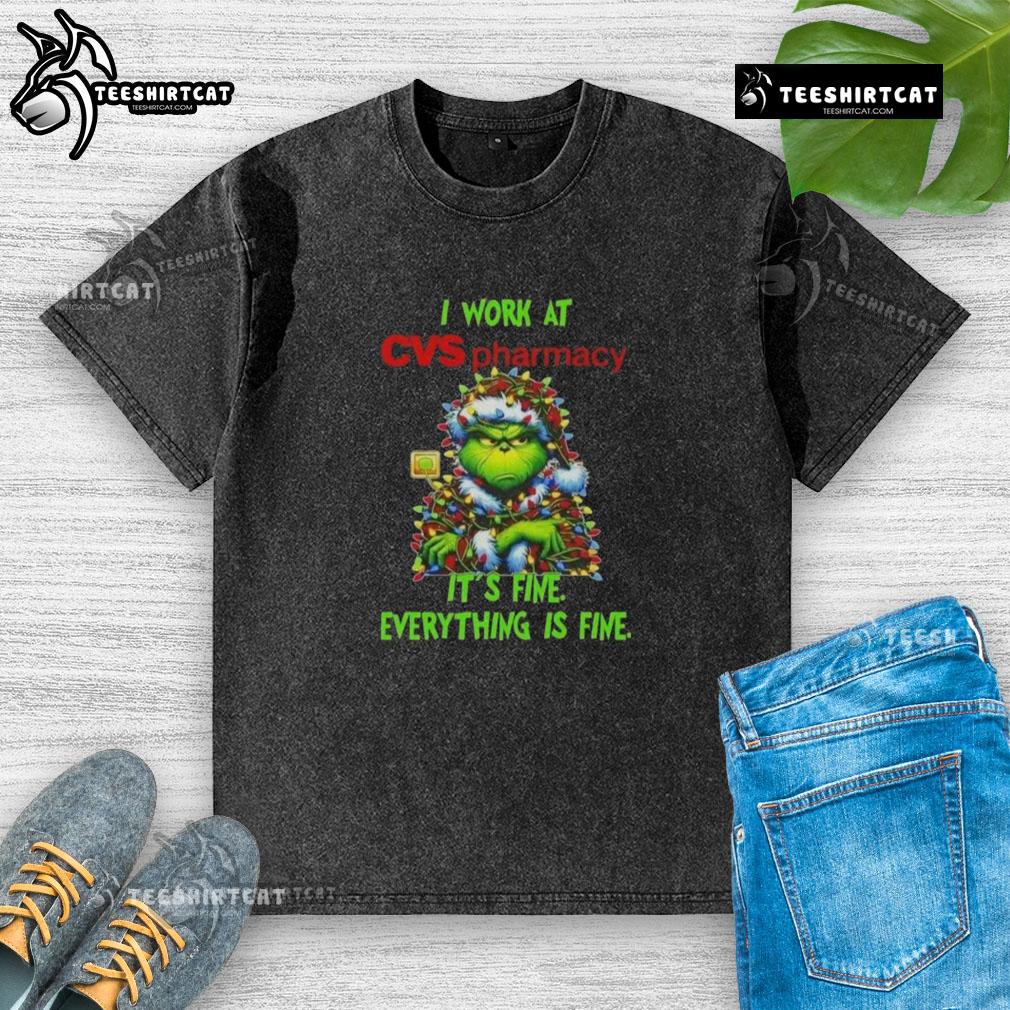 Good Grinch Christmas Tree shirt design at CVS Pharmacy, featuring a playful 'It's fine, everything is fine' theme.