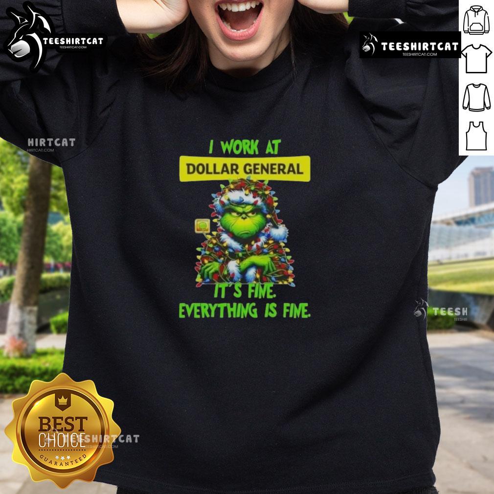 Good Grinch Christmas Tree sweatshirt from Dollar General, featuring festive design and humorous 'It's fine' text.