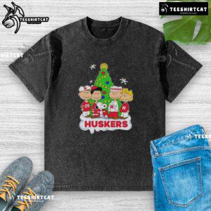 Good Peanuts characters on Nebraska Cornhuskers Christmas washed t-shirt, perfect for holiday fans and sports enthusiasts.