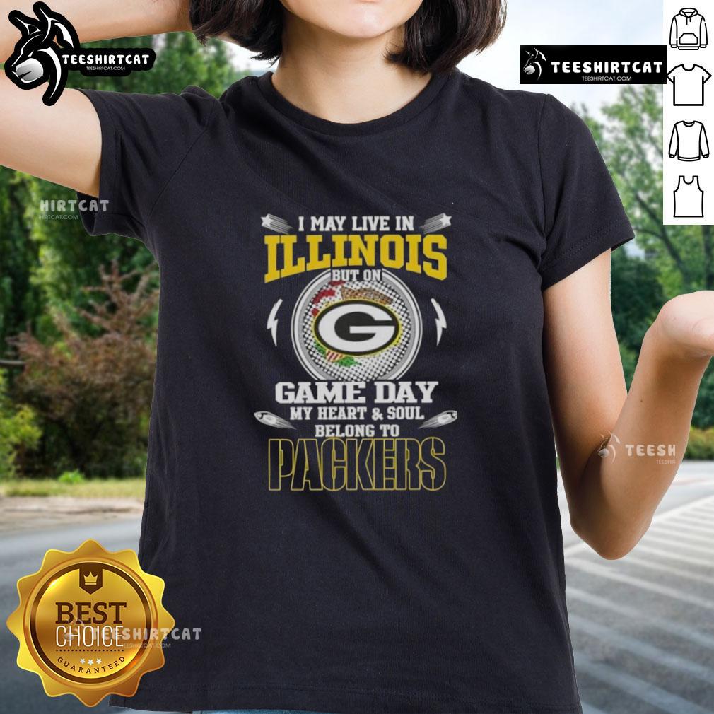 Green Bay Packers ladies tee with 'Hot I May Live In Illinois But On Game Day My Heart Belongs To Green Bay' design.