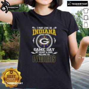 Green Bay Packers ladies tee with 'Hot, I May Live In Indiana' slogan, perfect for game day fans and women supporters.