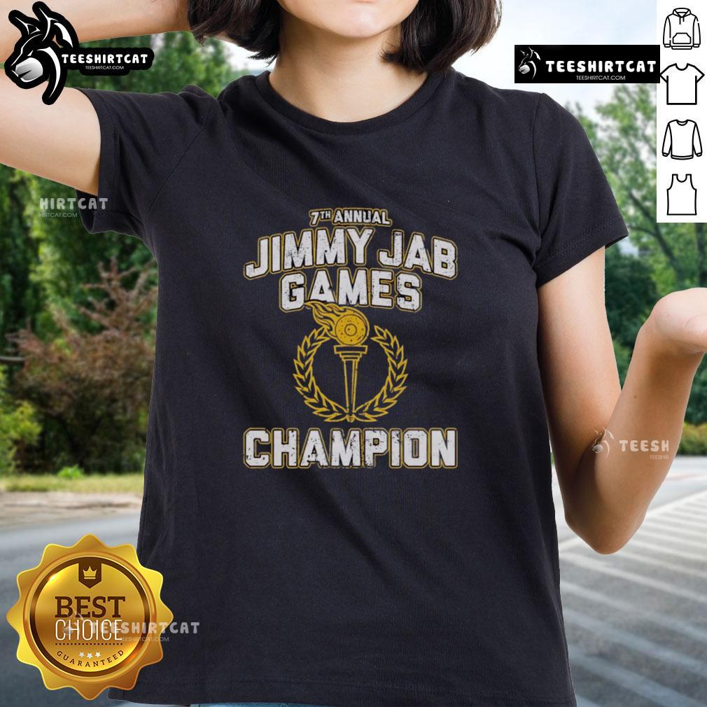 Champion ladies tee from the 7th Annual Jimmy Jab Games, showcasing vibrant design and event branding.