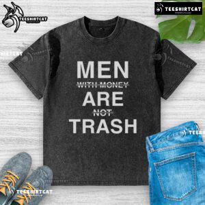 Stylish men wearing the 'Nice Men With Money Are Not Trash' washed t-shirt, showcasing trendy fashion and positive messaging.