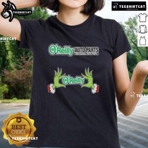 Nice O'Reilly Auto Parts X Grinch Hands Merry Christmas Ladies Tee featuring festive design and vibrant colors.