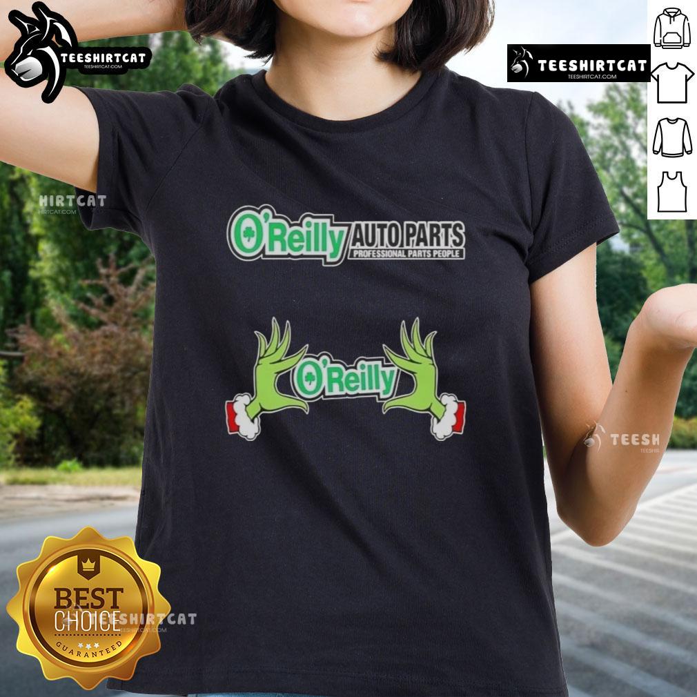 Nice O'Reilly Auto Parts X Grinch Hands Merry Christmas Ladies Tee featuring festive design and vibrant colors.