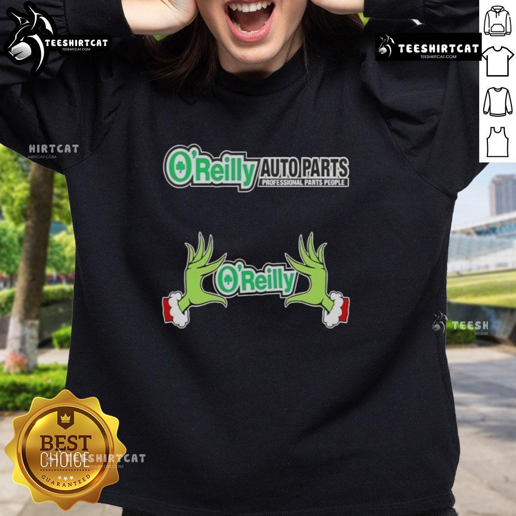 Nice O'Reilly Auto Parts X Grinch Hands Merry Christmas sweatshirt featuring festive design and colorful graphics.