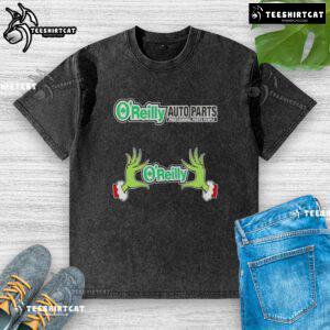 Nice O'Reilly Auto Parts X Grinch Hands Merry Christmas Washed T-Shirt showcasing festive design for holiday cheer.
