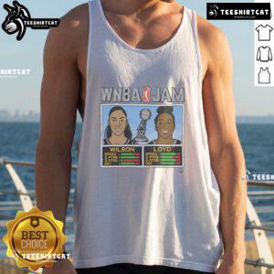 Alt Text: Stylish 'Nice WNBA Jam Aces 2025 Champs' tank top featuring Wilson and Loyd, perfect for basketball fans.