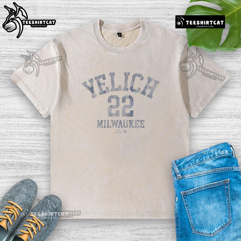 Official Christian Yelich October Washed T-Shirt featuring a vintage design and team colors for fans and collectors.