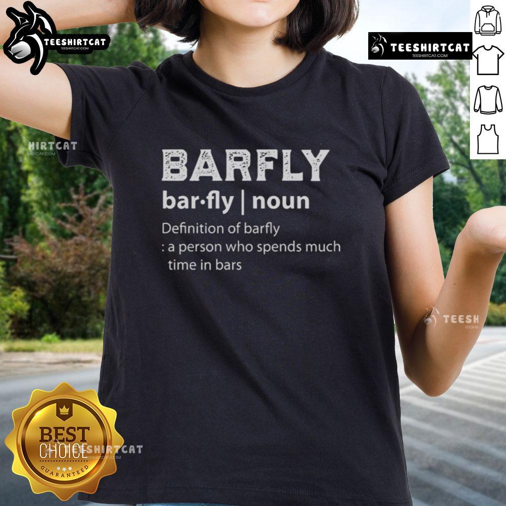 Official drinking Barfly tee featuring the definition of a barfly: a person who spends much time in bars.