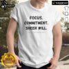 Official Focus Commitment Sheer Will Me In The Candy Isle T-Shirt displayed on a hanger, showcasing vibrant colors and unique design.