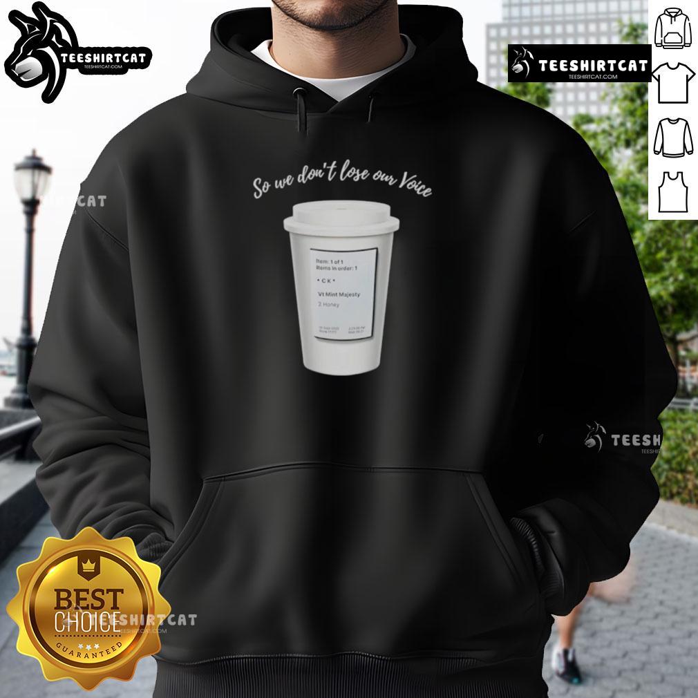 Alt Text: Official So We Dont Lose Our Voice Mint Majesty Tea hoodie with vibrant tea label design for tea lovers.