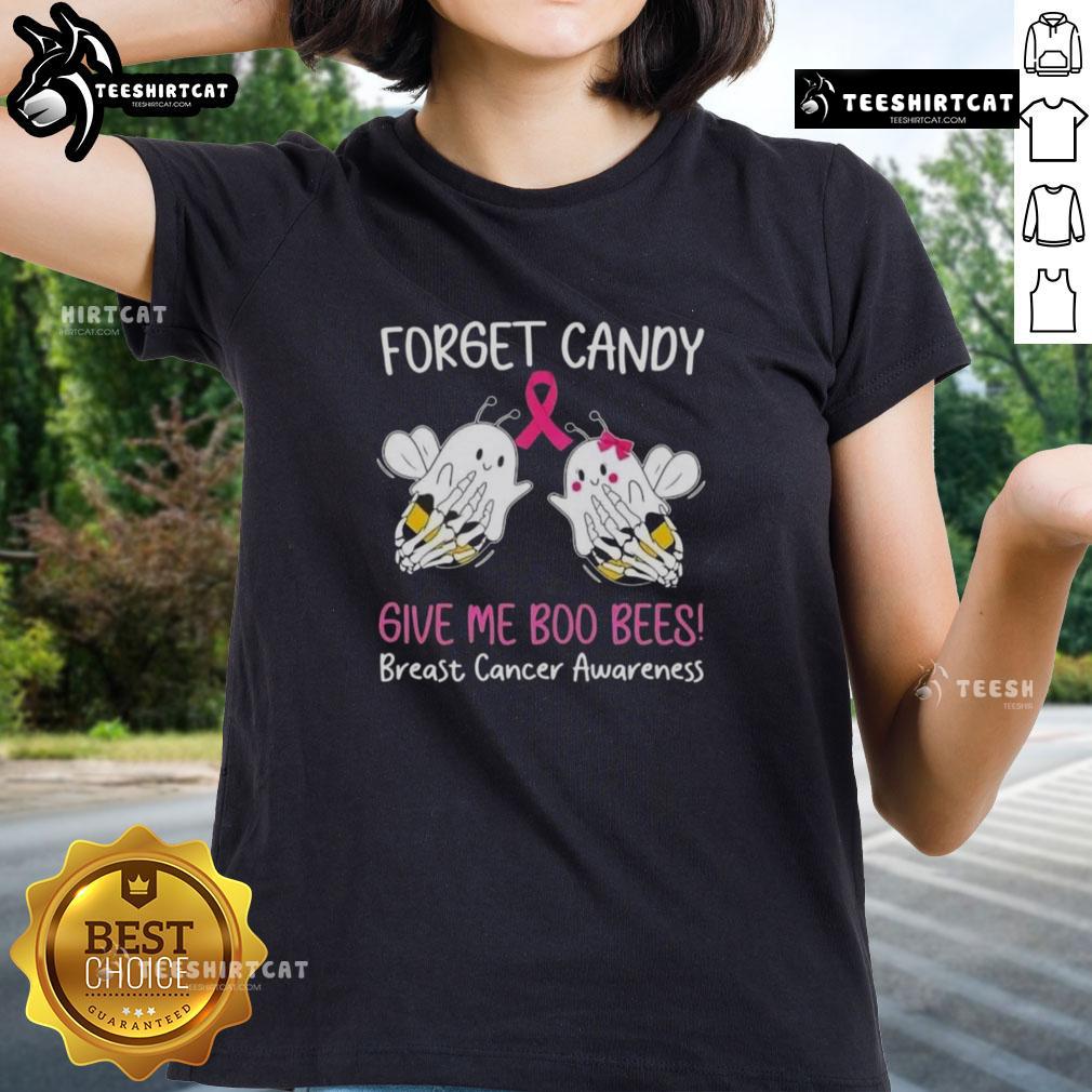Ladies tee with 'Forget Candy, Give Me Boo Bees' print for Breast Cancer Awareness, featuring pink ribbon design.