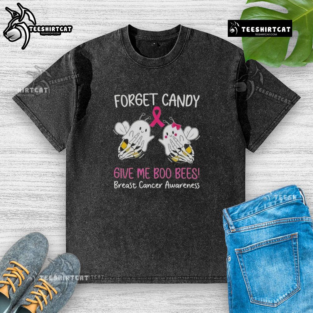 Original 'Forget Candy, Give Me Boo Bees' Breast Cancer Awareness washed t-shirt in pink, promoting breast cancer awareness.