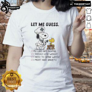 Original Snoopy X Woodstock Nurse Let Me Guess Ladies Tee featuring playful cartoon characters in vibrant colors.
