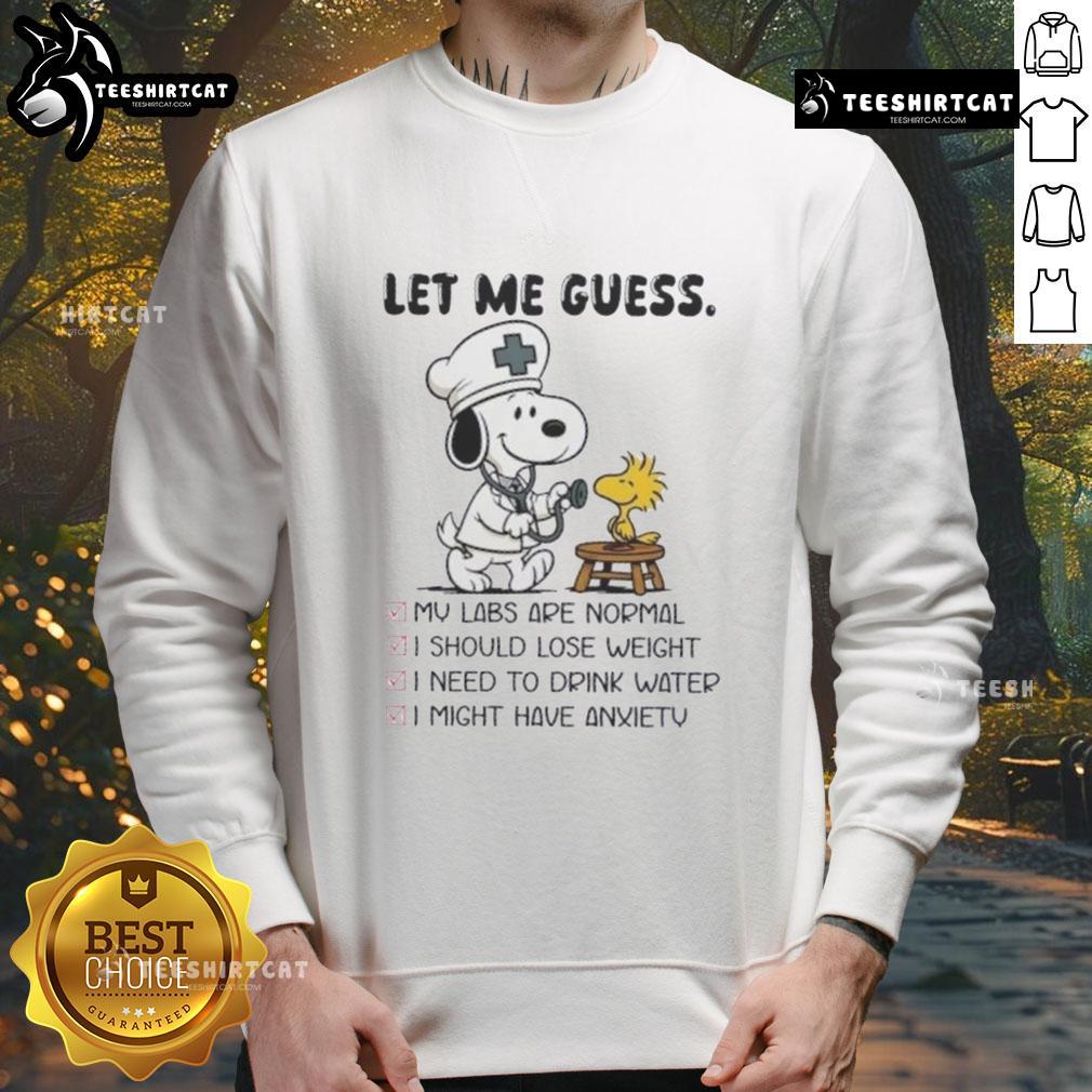 Original Snoopy X Woodstock Nurse Let Me Guess Sweatshirt featuring playful cartoon design for cozy style.