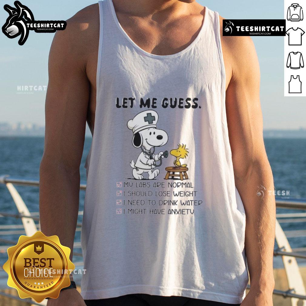 Original Snoopy X Woodstock Nurse Let Me Guess Tank Top featuring playful cartoon design for fans of Peanuts characters.