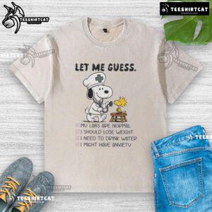 Original Snoopy X Woodstock Nurse Let Me Guess Washed T-Shirt featuring iconic characters in a playful design.