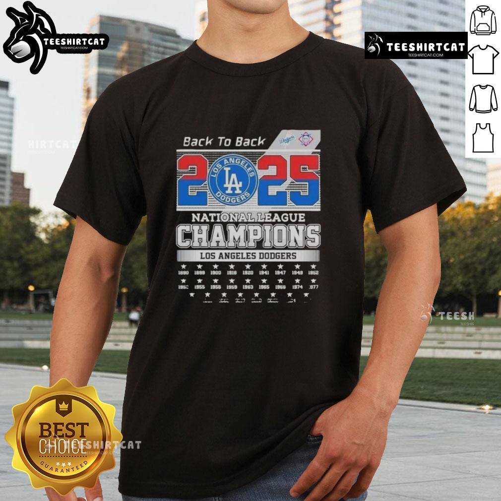 Alt Text: Premium 2025 Back To Back Los Angeles Dodgers National League Champions T-Shirt featuring team logo and championship details.