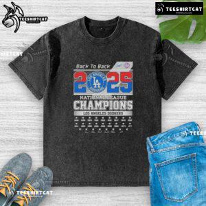 Alt Text: Premium 2025 Los Angeles Dodgers National League Champions T-Shirt in washed style, celebrating back-to-back victories.