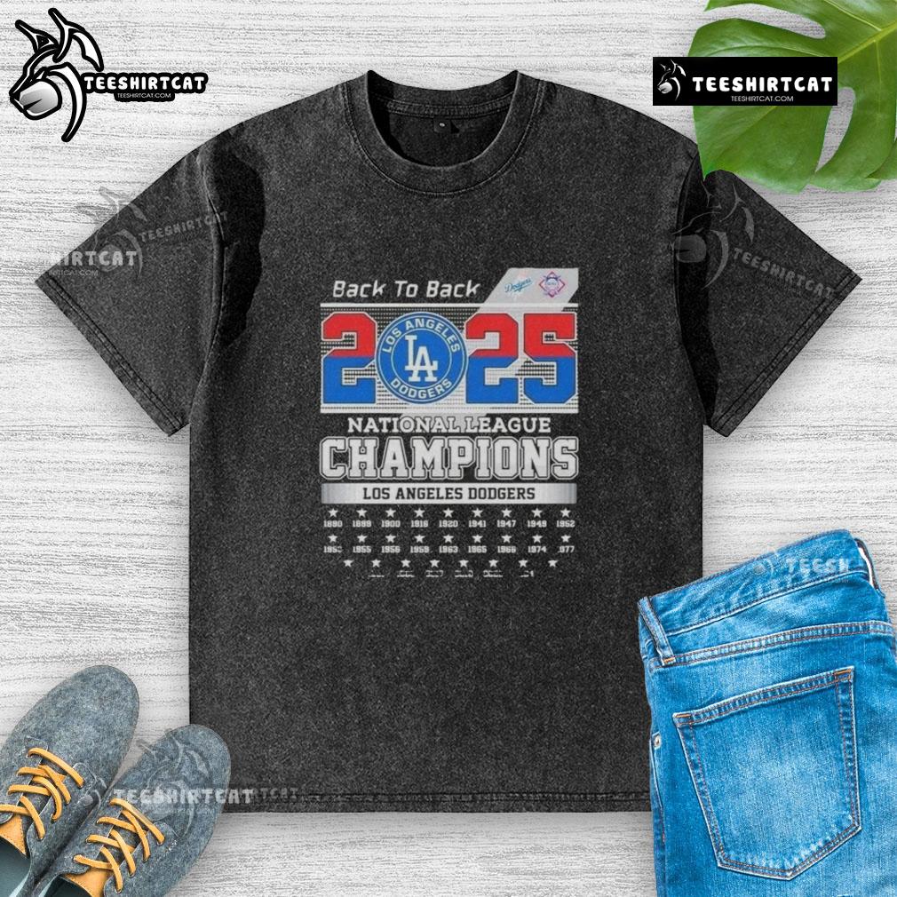 Alt Text: Premium 2025 Los Angeles Dodgers National League Champions T-Shirt in washed style, celebrating back-to-back victories.