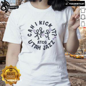 Alt Text: Premium A Tribe Called Quest x Utah Jazz Can I Kick It Ladies Tee featuring vibrant graphics and stylish design.