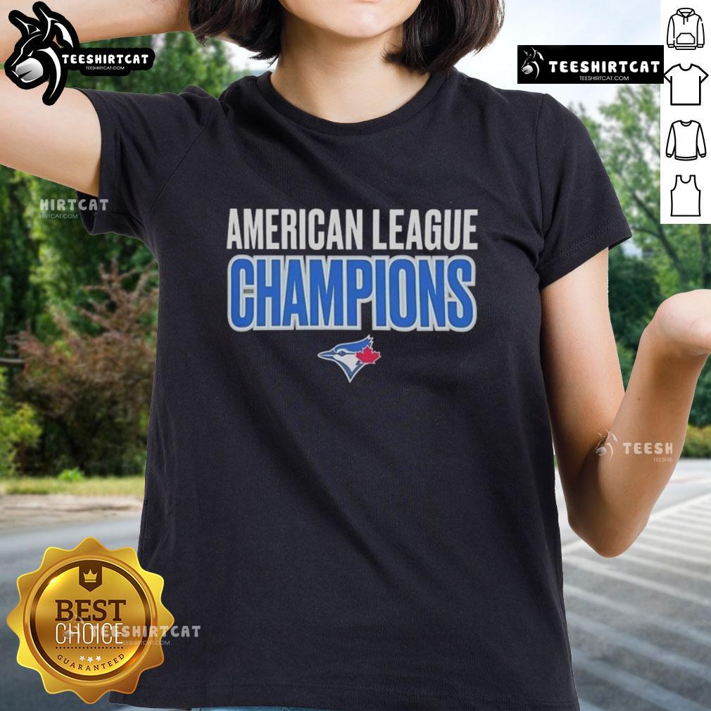 Alt Text: Premium American League Champions Toronto Blue Jays 2025 logo on a stylish ladies tee shirt design.