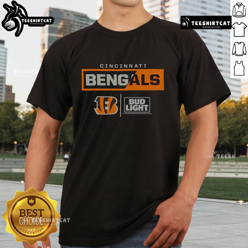 Alt Text: Premium Bud Light Cincinnati Bengals Team T-Shirt featuring vibrant team colors and logo, perfect for game day.