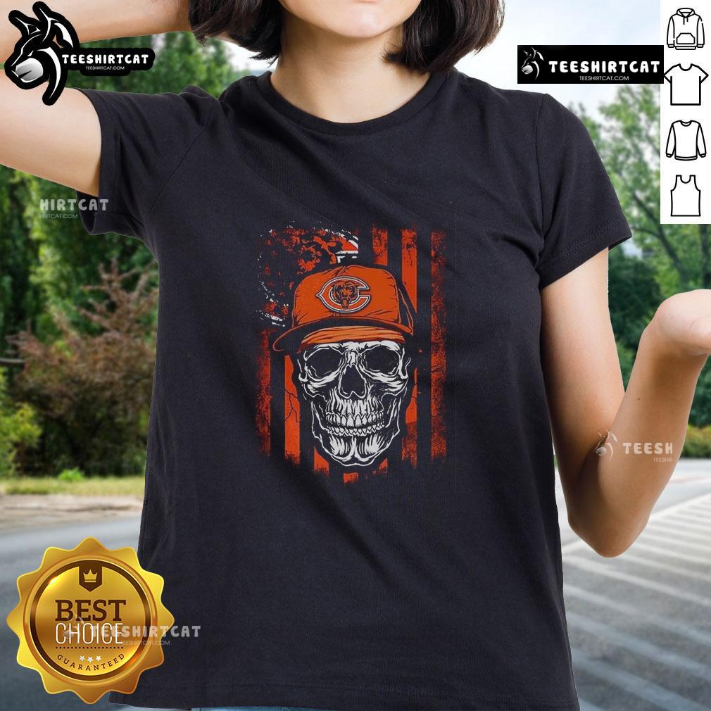 Premium Chicago Bears NFL Skull American Flag Ladies Tee for football lovers, featuring a stylish design perfect for fans.
