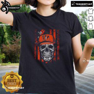 Alt Text: Premium Cincinnati Bengals NFL skull tee with American flag design for football lovers, perfect for ladies.