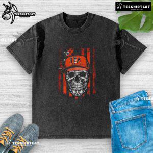 Premium Cincinnati Bengals NFL skull t-shirt featuring an American flag design, perfect for football lovers.