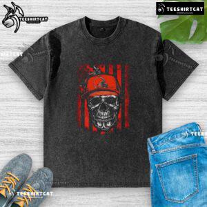 Alt Text: Premium Cleveland Browns NFL Skull American Flag T-Shirt for football lovers, featuring a washed vintage look.