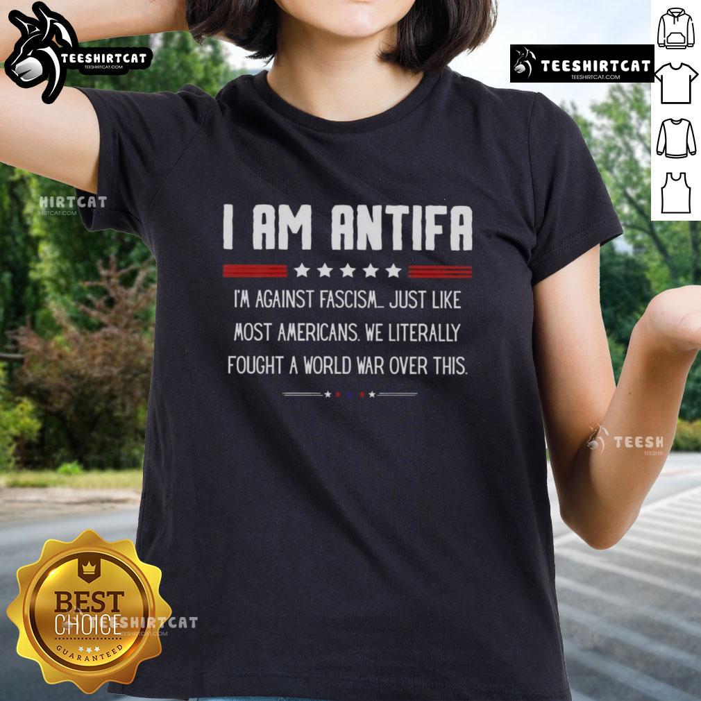 Premium 'I Am Antifa' ladies tee, promoting anti-fascism, a stance supported by many Americans since WWII.
