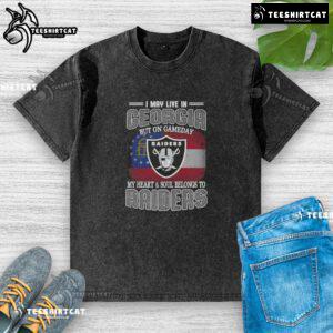 Alt Text: Premium washed t-shirt featuring I May Live In Georgia But On Gameday My Heart Belongs To Raiders design.
