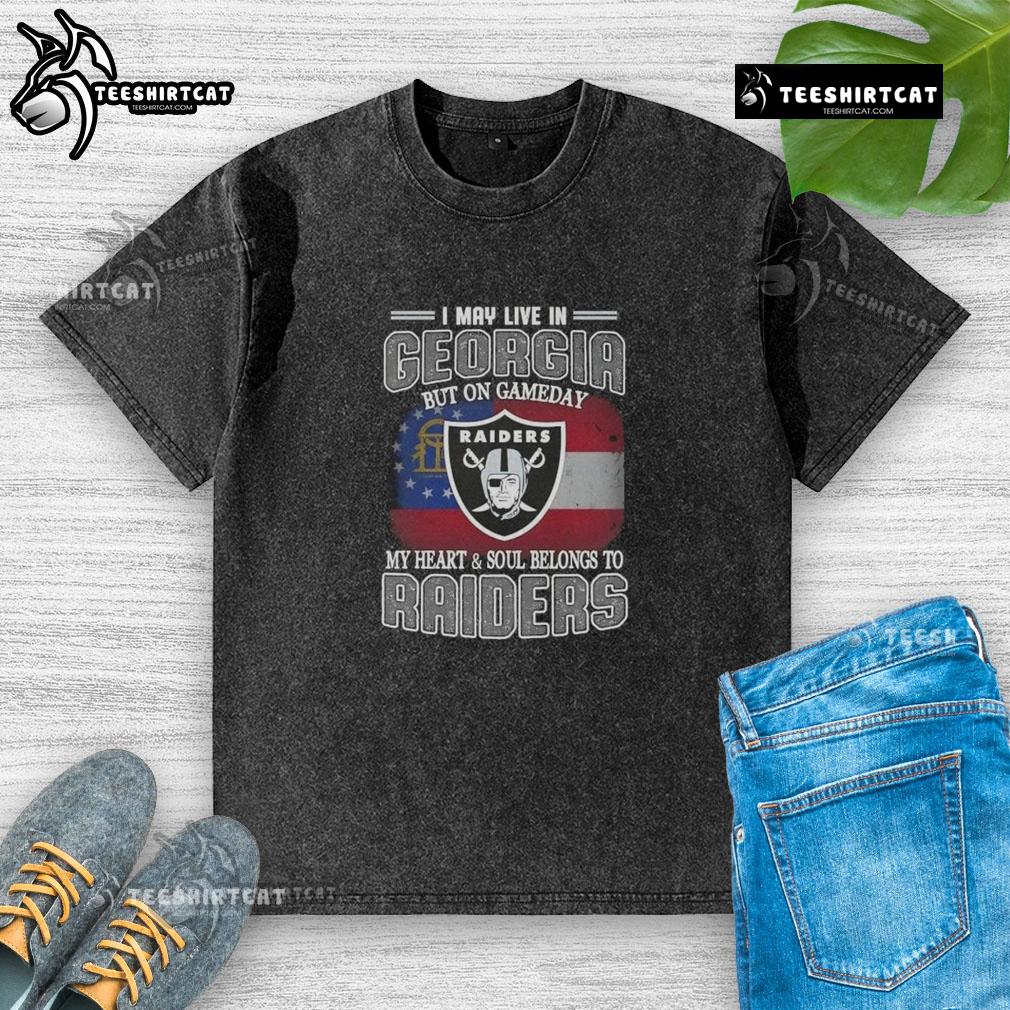 Alt Text: Premium washed t-shirt featuring I May Live In Georgia But On Gameday My Heart Belongs To Raiders design.