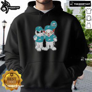 Premium Jack Skellington and Clown It X Philadelphia Eagles hoodie for Halloween, featuring vibrant graphics and cozy design.