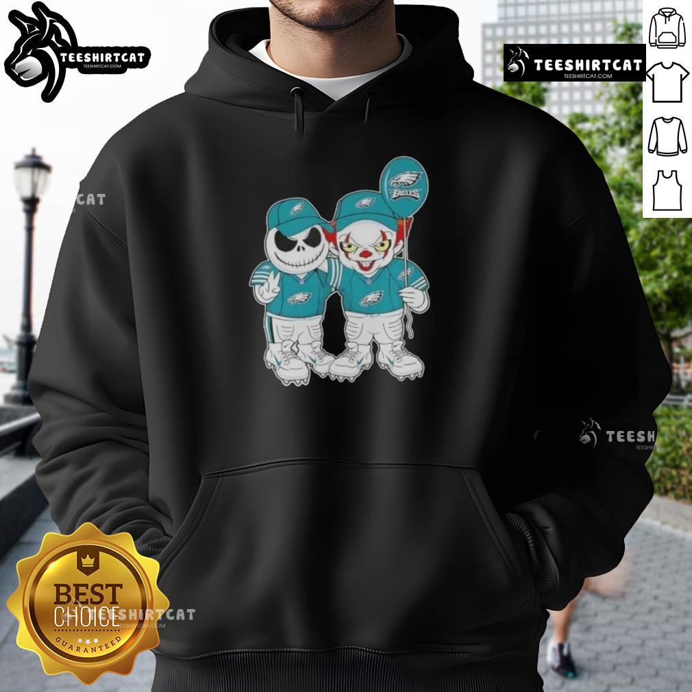 Premium Jack Skellington and Clown It X Philadelphia Eagles hoodie for Halloween, featuring vibrant graphics and cozy design.