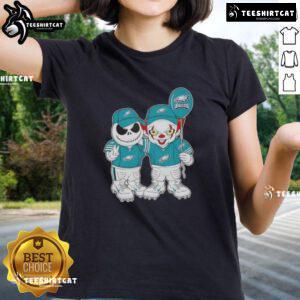 Premium Jack Skellington and Clown It featuring Philadelphia Eagles design for a spooky Halloween ladies tee.