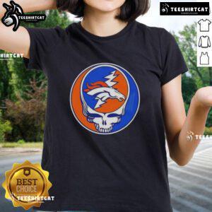 Premium NFL Denver Broncos Grateful Dead Stealie Ladies Tee featuring vibrant graphics and a comfortable fit for fans.