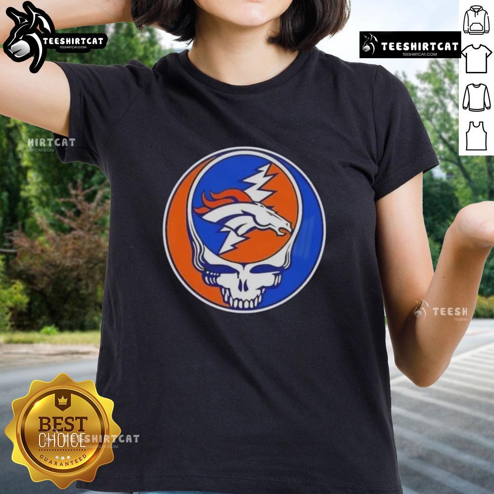 Premium NFL Denver Broncos Grateful Dead Stealie Ladies Tee featuring vibrant graphics and a comfortable fit for fans.