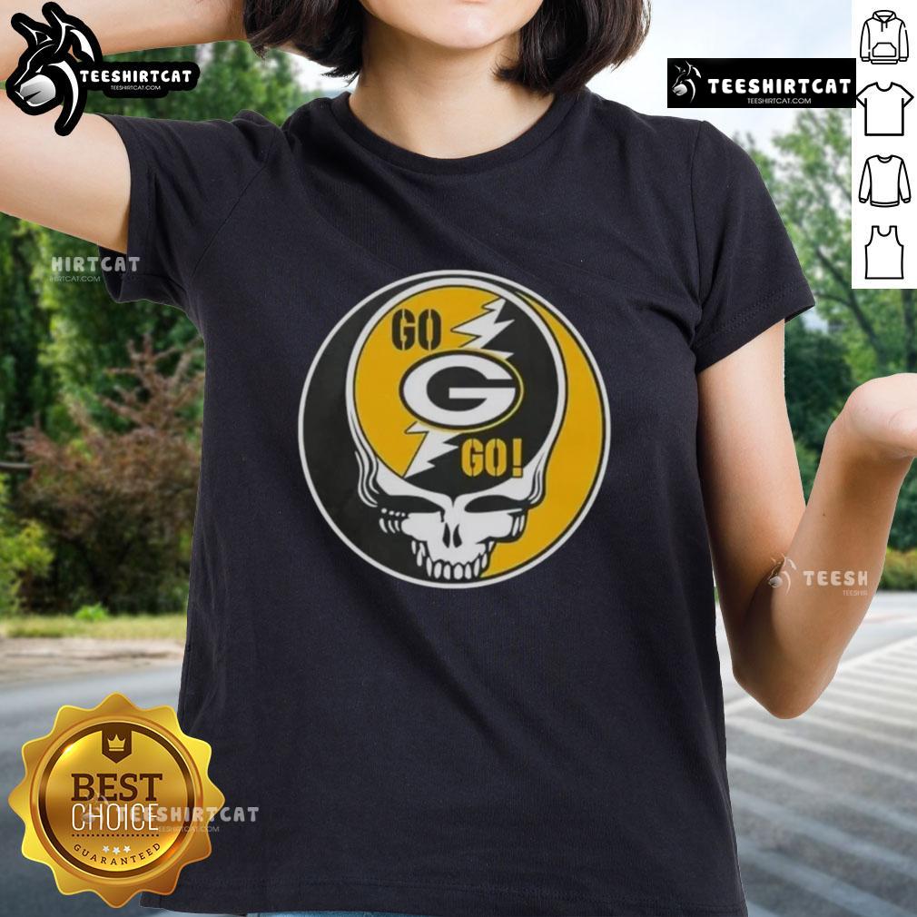 Alt Text: Premium NFL Green Bay Packers Grateful Dead Stealie Ladies Tee featuring vibrant graphics and a stylish fit.